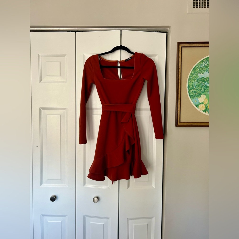 Fashion Nova Women’s Ruffled Burnt Orange Long Sleeve Mini Dress Approx Sz S